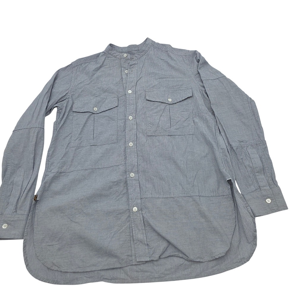 Billy Reid Button Down Shirt Womens S Blue Pinstripe Band Collar Tunic USA Quiet